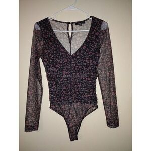 Lulus Black‎ Floral Mesh Ruched V Neck Long Sleeve Teddy Bodysuit